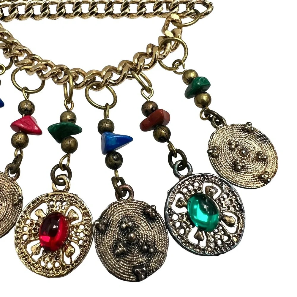 VINTAGE CHAIN BAR W CHAIN SWAG & COIN DANGLES W STONES - ETRUSCAN STYLE BROOCH